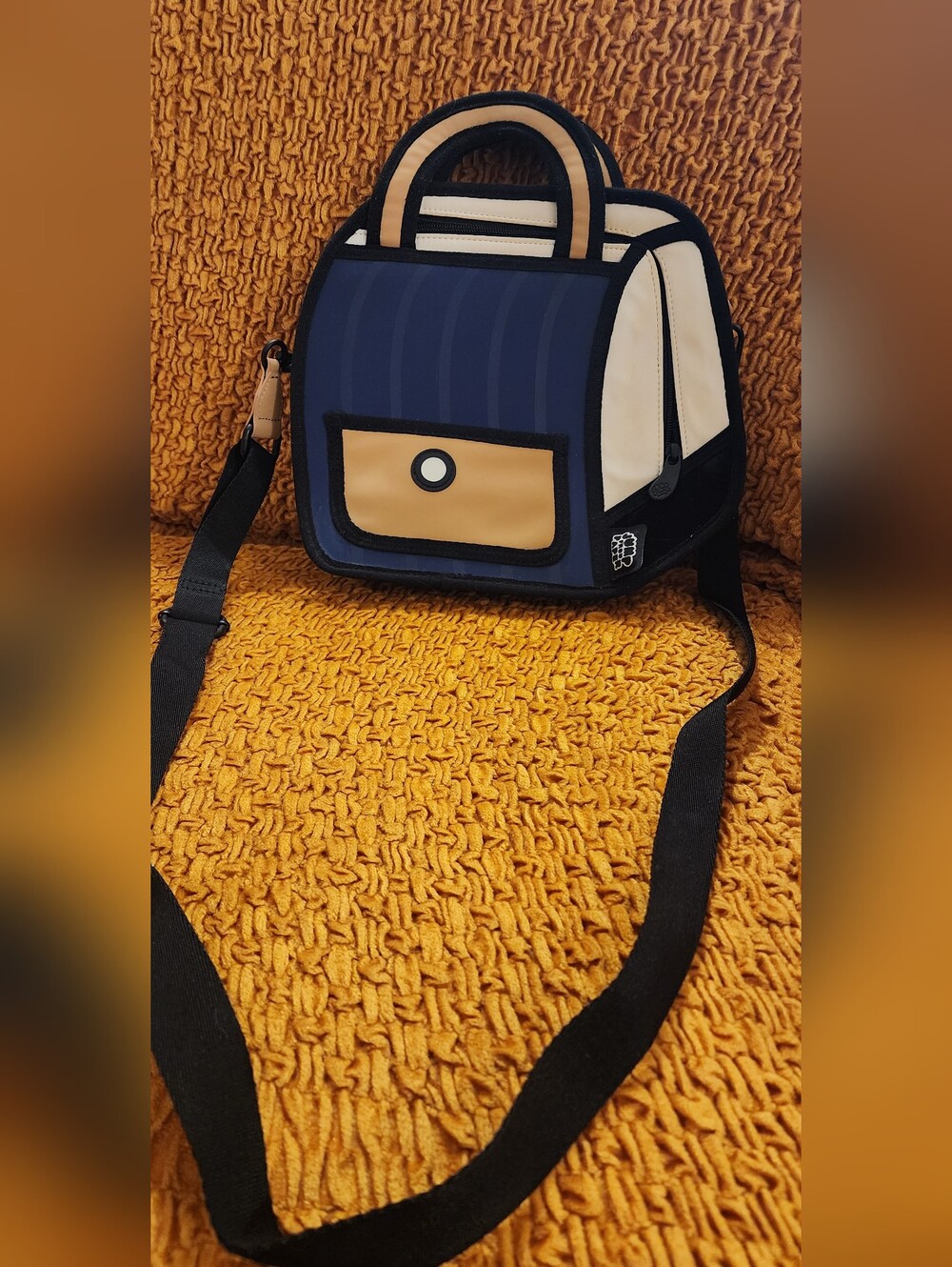 Navy and Cream Crossbody Bag with Tan Pocket
